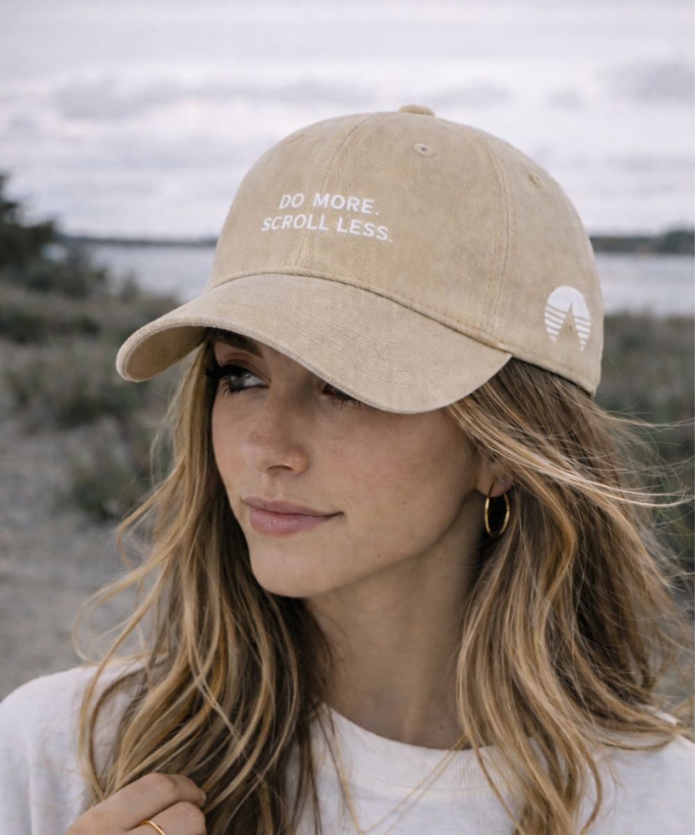 Do More. Scroll Less. Khaki dad cap