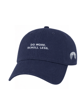 Do More. Scroll Less. Navy blue dad cap