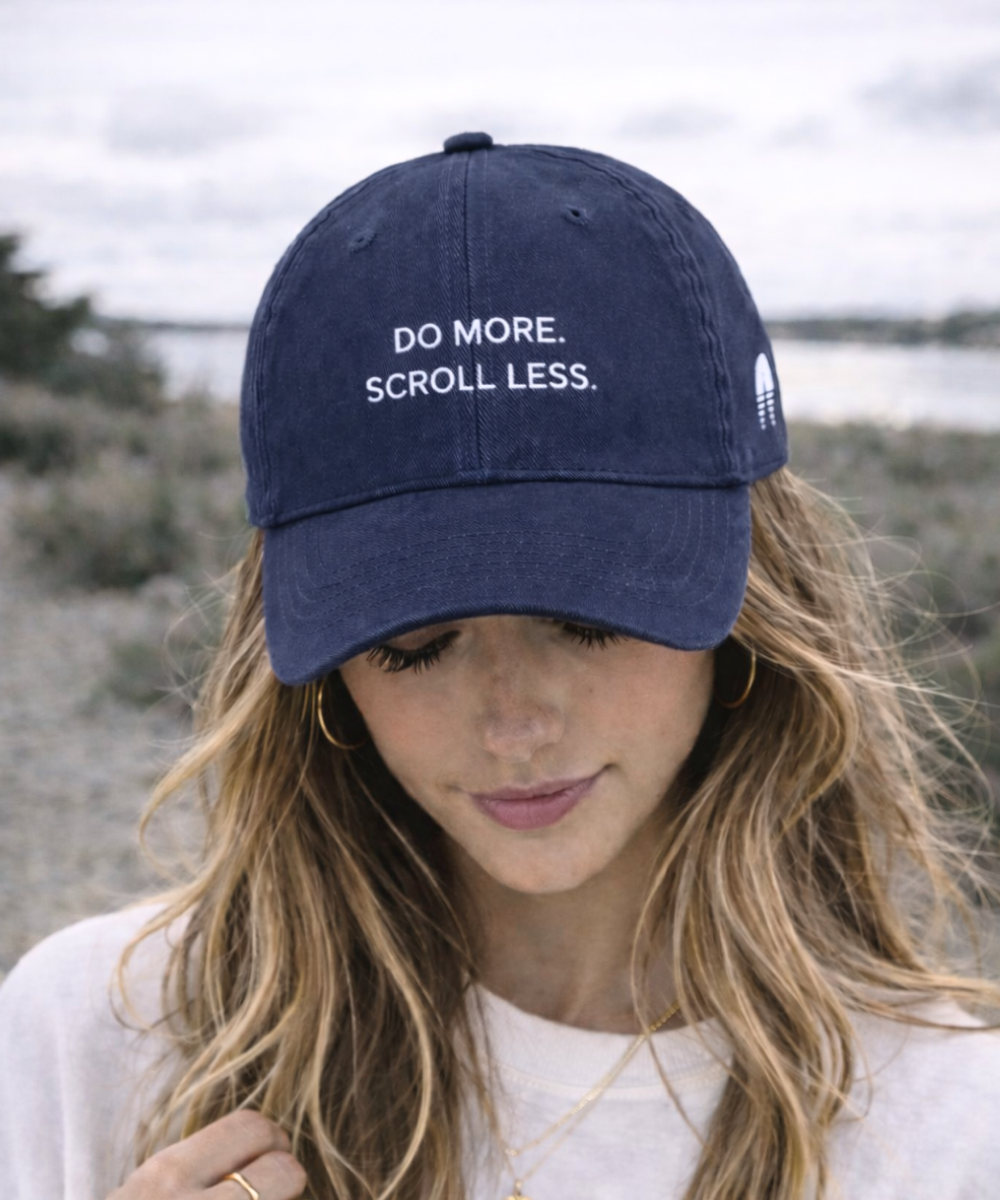 Do More. Scroll Less. Navy blue dad cap (pre-sale)